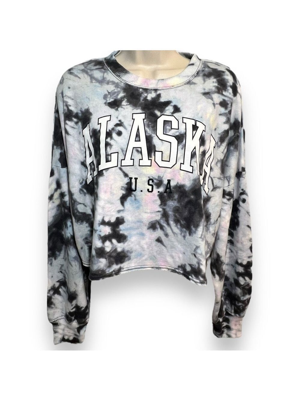 Hollister Women’s Cropped “Alaska” Sweatshirt Black White Tie Dye Size Small